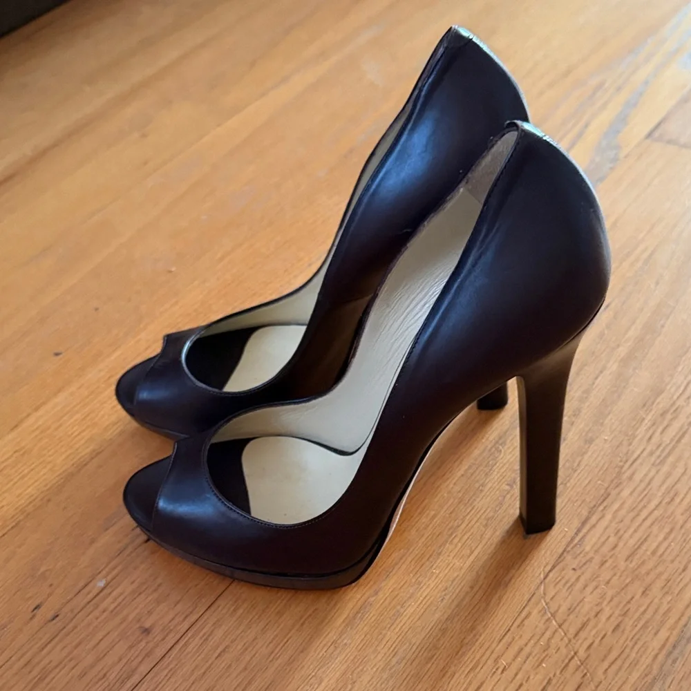 Jimmy Choo Dark Brown Leather Peep-Toe Heels - Picture 1 of 4